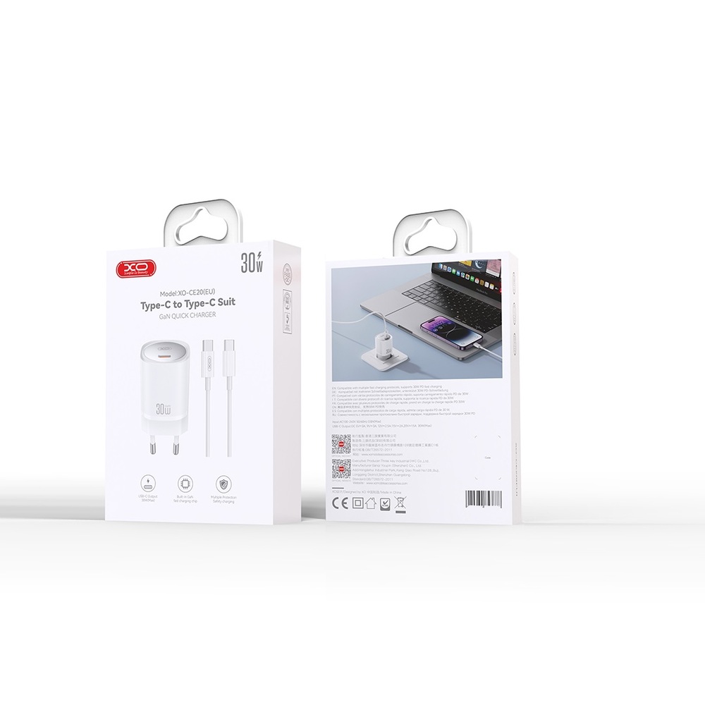 Зарядно устройство комплект XO CE20 PD 30W 1x USB-C + кабел USB-C - USB-C — снимка 3